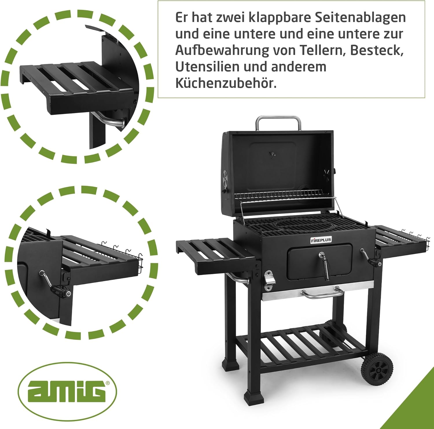 Amig - Holzkohlegrill- Fireplus Tragbarer Barbacue - Grill mit Rädern und Seitenablagen - Belüftungssystem und Aschebehälter - Stahlgrill 57 x 42 cm - Maße: 116-5 x 13-1 x 56 cm