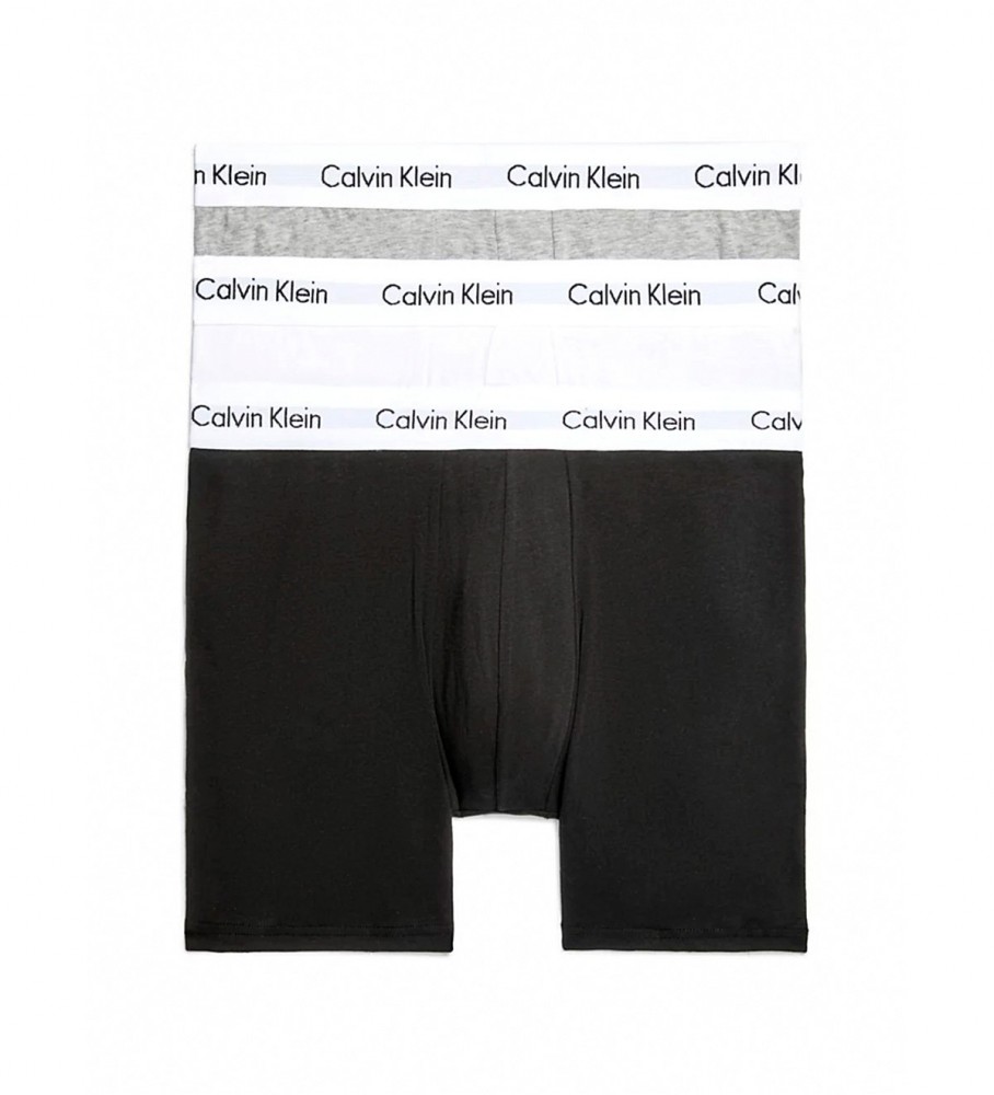 Conjunto de 3 cuecas boxer longas Calvin Klein nas cores cinza, branca e preta.