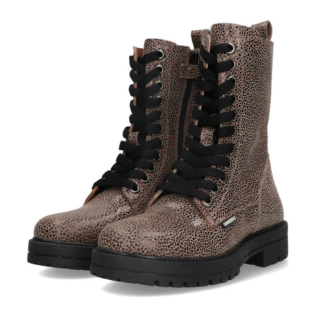 Braqeez leren veterboots taupe
