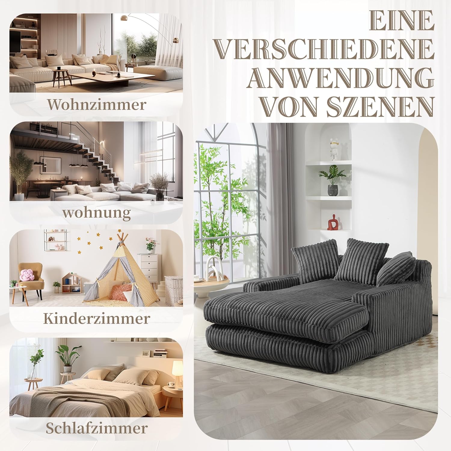 Cord Schlafsofa, Couch mit Armlehnen, Cloud Couch mit 3 Weichen Kissen, Bequemes Einzelsitz-Bodensofa, Loungesofa, Schlafsessel für Wohnzimmer, Schlafzimmer, Büro, 125x155x63 cm, Grau