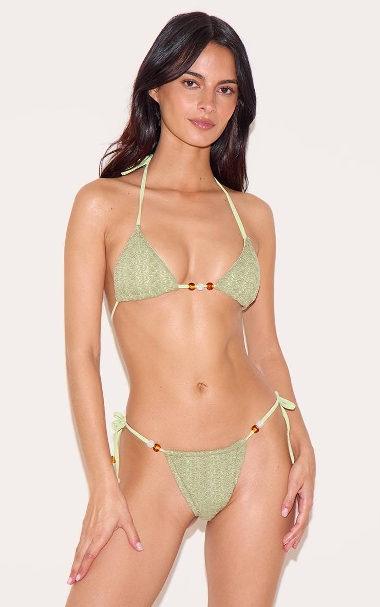 Vert Sauge Haut De Bikini Triangle Avec Détails De Perles Texturées