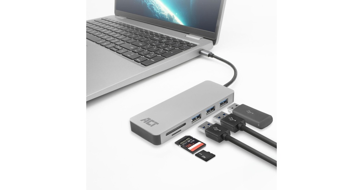 ACT ConnectivityUSB-C hub 3.0, 3x USB-A, cardreader, PD pass-through dockingstation  (Grijs)