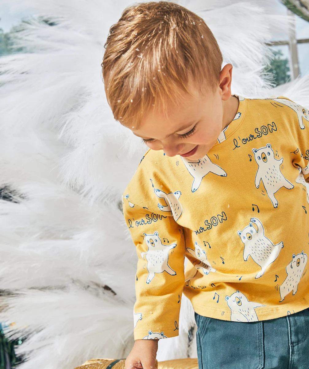 T-SHIRT MANCHES LONGUES BÉBÉ GARÇON EN COTON BIOLOGIQUE JAUNE THÈME OURSON