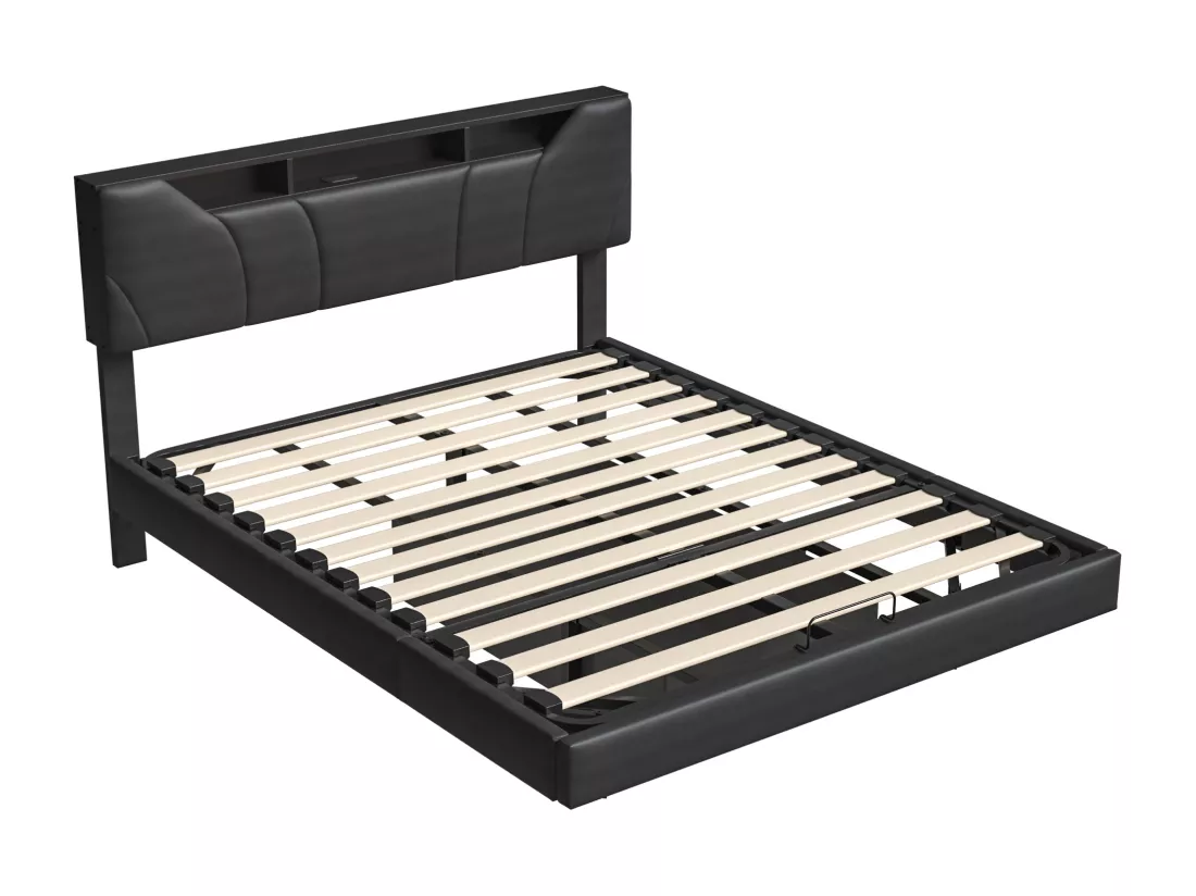Lit double rembourré 160x200cm - avec USB et lumière LED - Cadre de lit avec tête de lit rangement et coffre de rangement pour lit, en PU- Gris