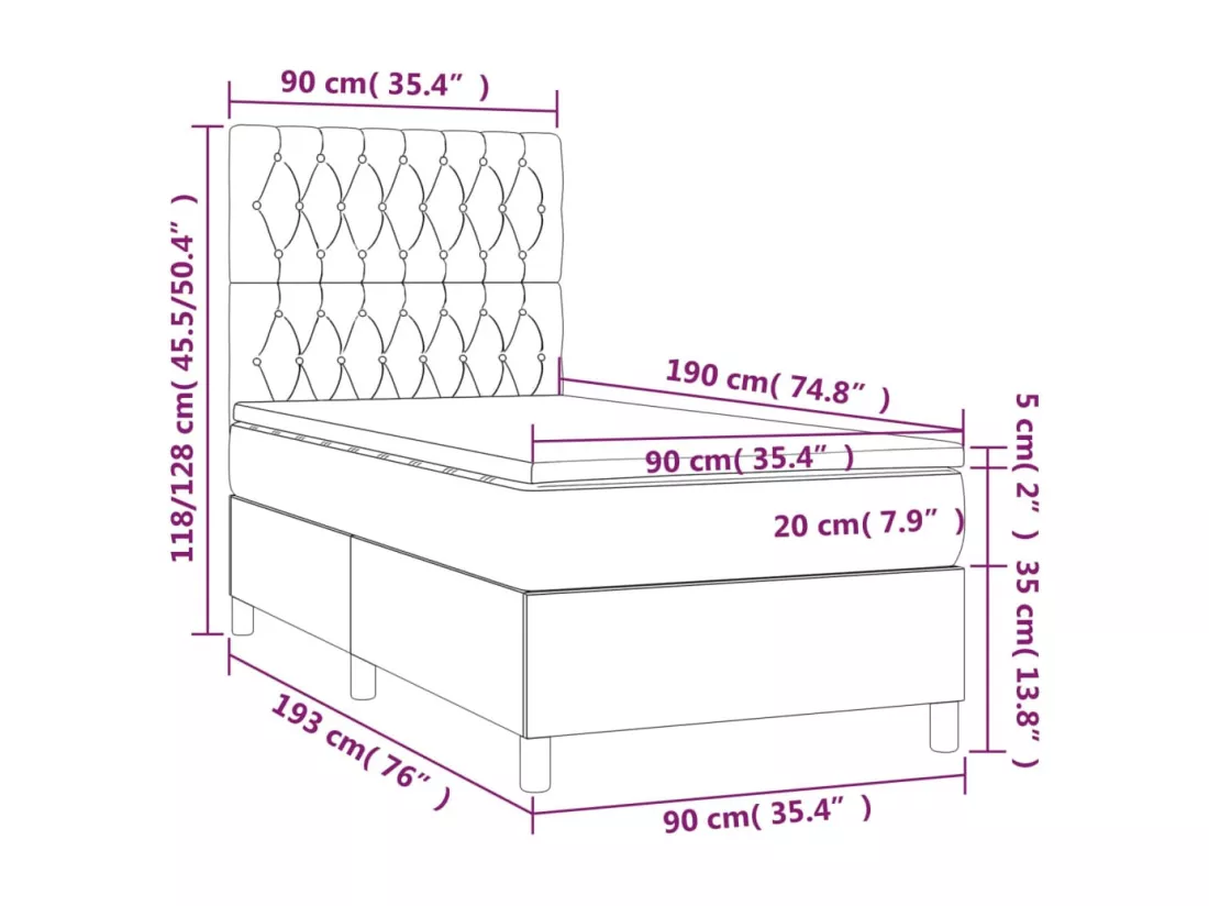 Sommier tapissier et matelas et LED Gris foncé 90x190cm Velours