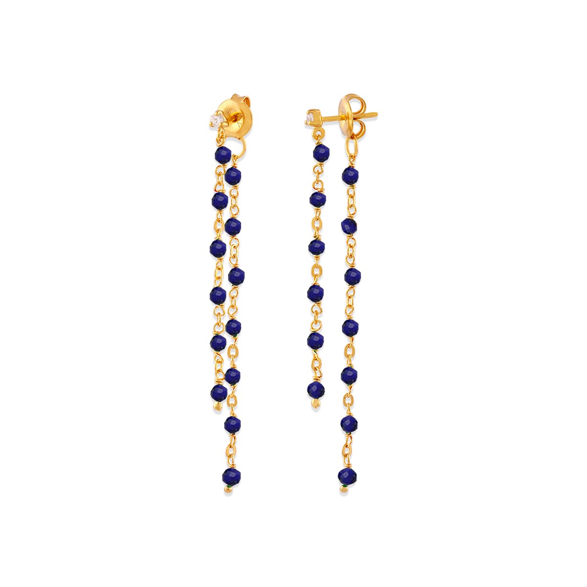 Boucles D Oreilles Argent Dorée Double Chaine Longue Et Pierres Naturelles Lapis