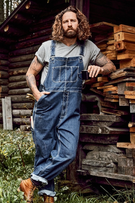 Latzhose, Workwear, Jeans, viele Taschen, Elastikeinsätze, Relaxed Fit