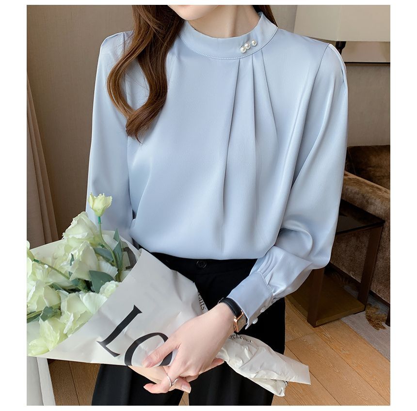 Bamela - Blouse met opstaande kraag en effen kleur