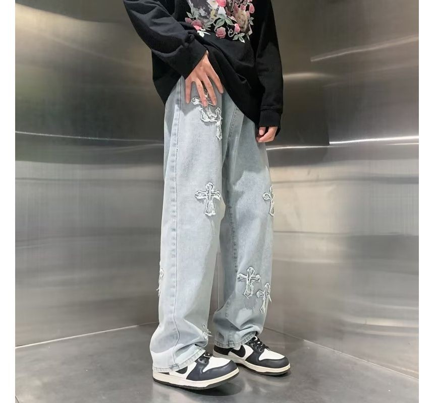 Shineon Studio - High Waist Crisscross Applique Washed Wide Leg Jeans