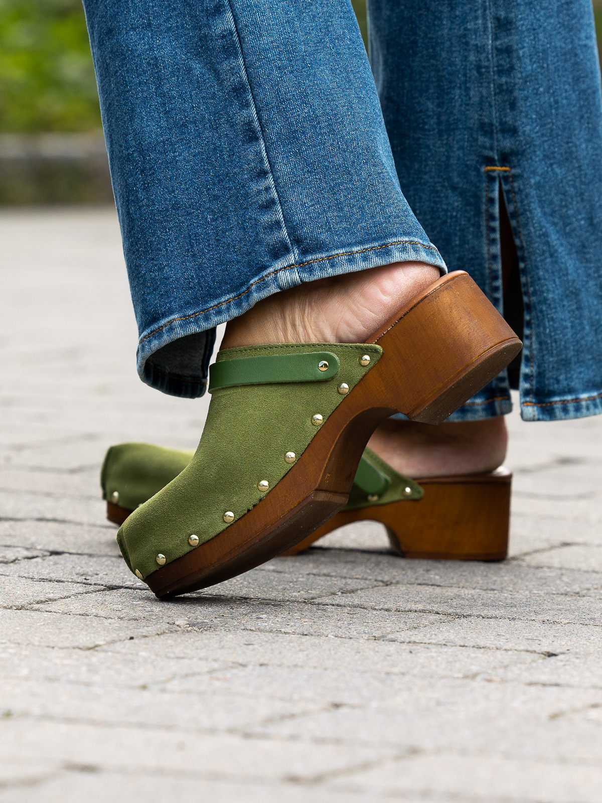 Clogs Suede Leather Green - Trapes Sko