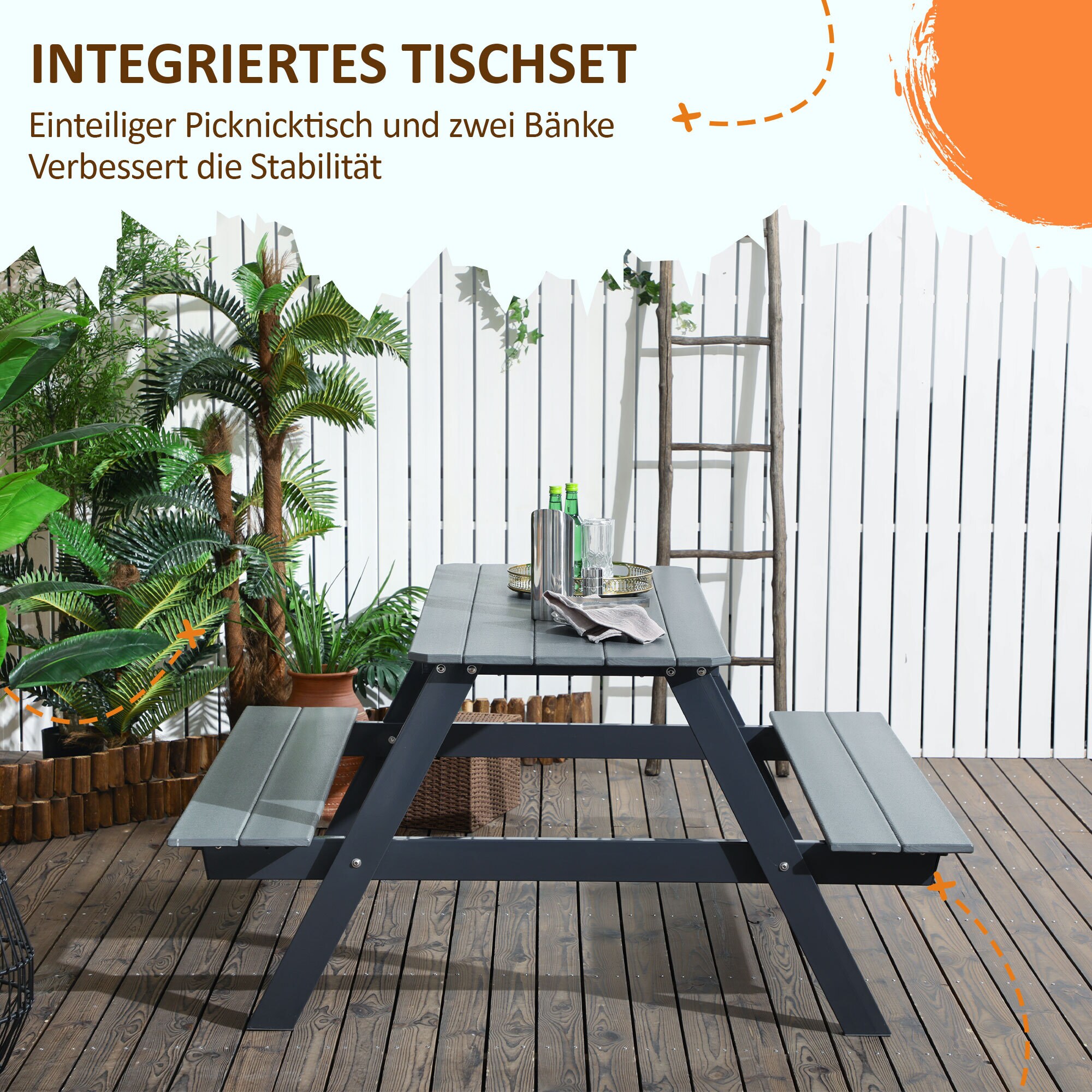 Outsunny Picknick Tisch mit Bank grau 150L x 140B x 47H cm