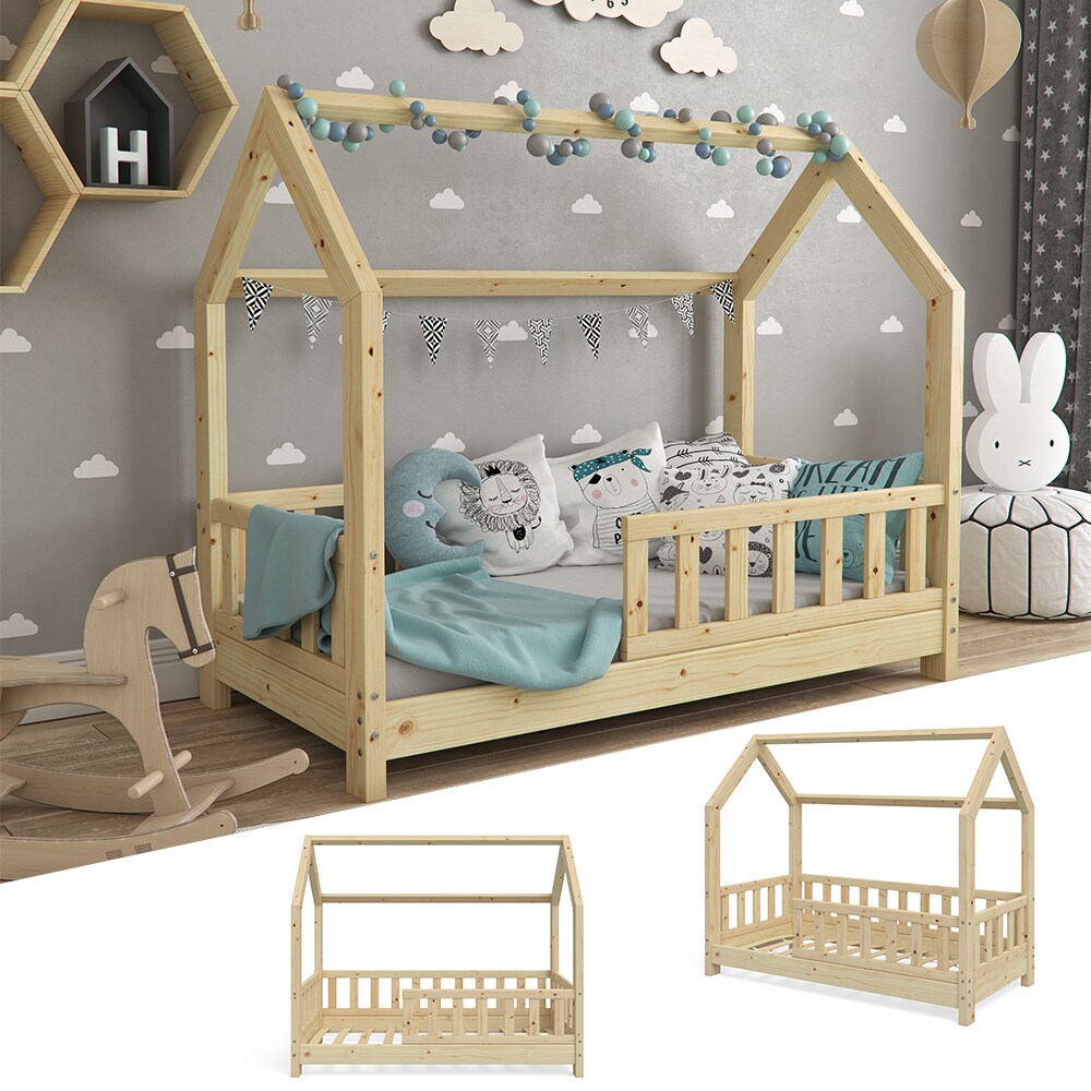 VitaliSpa Kinderbett Kinderhaus Bett Holz Zaun Schlafen Spielbett Hausbett 70x140cm