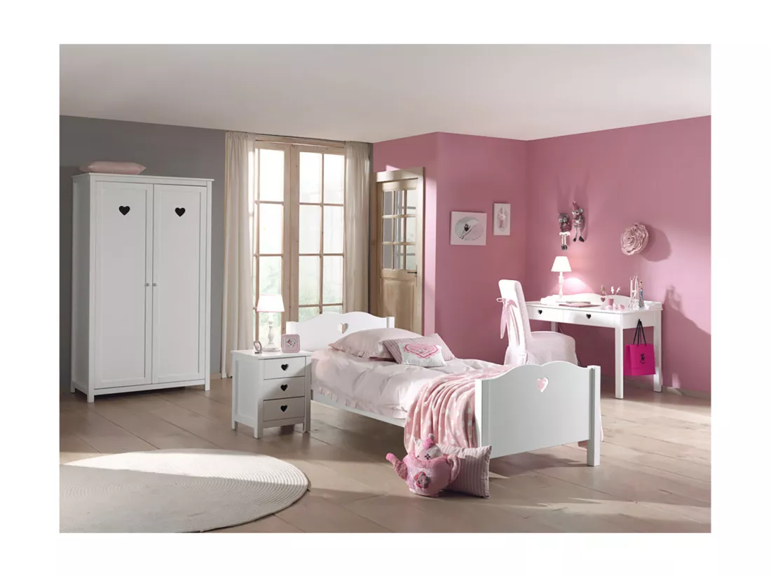 MILADY - Lit 90x200cm avec Sommier + Chevet + Armoire 2P + Bureau