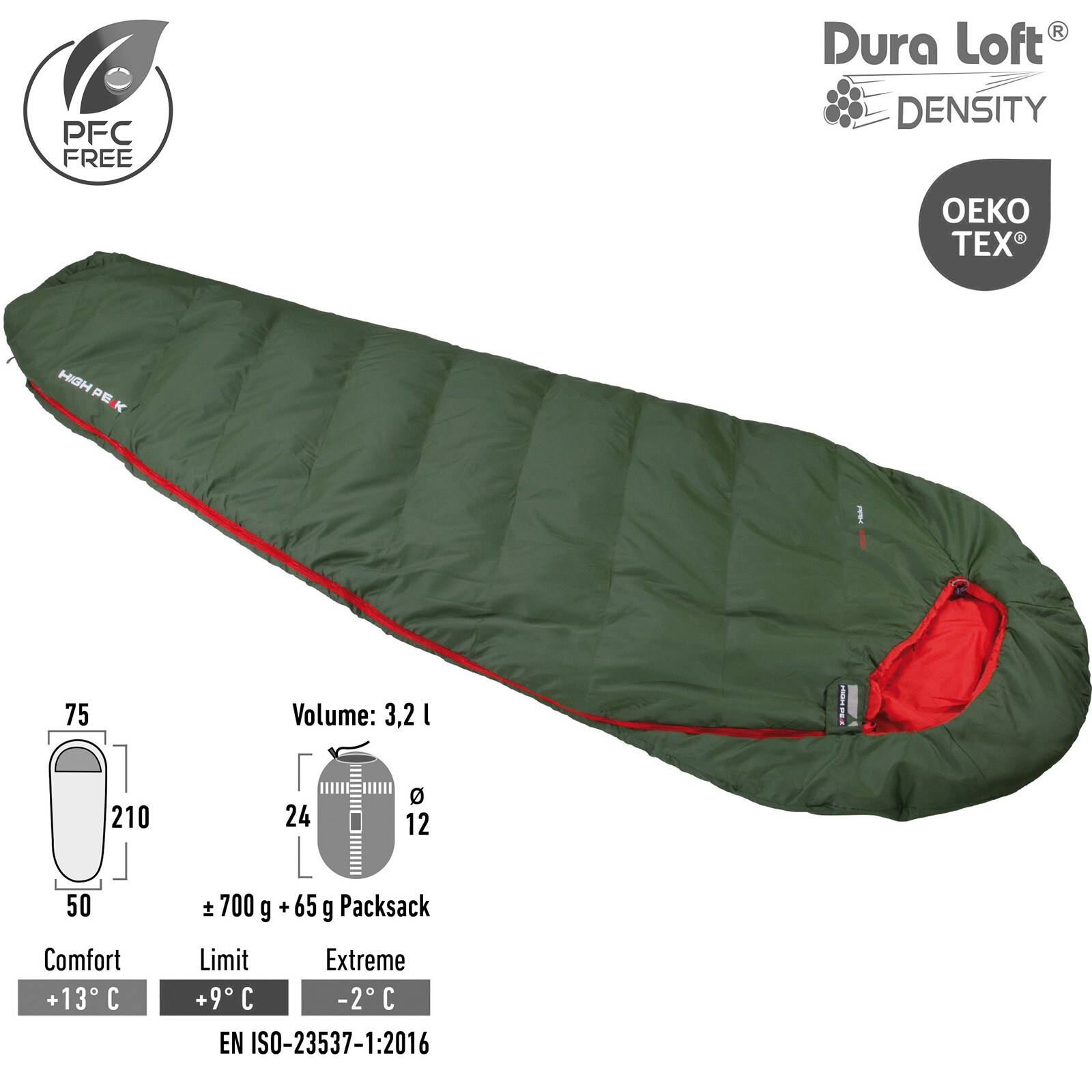 HIGH PEAK Mumienschlafsack Pak 600 ECO Sommer Trekking Schlafsack Ultraleicht