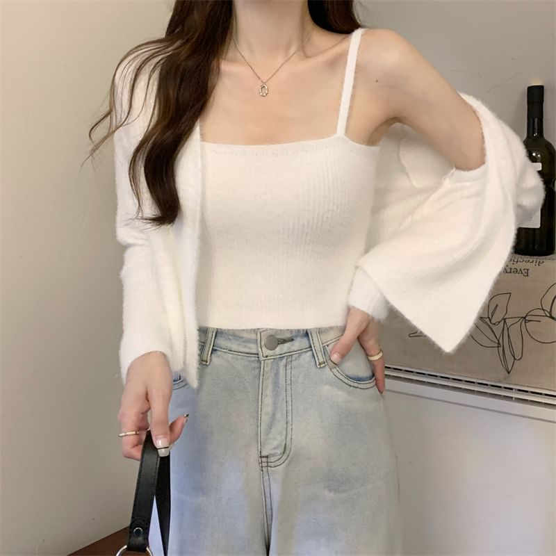 Ukiyo - Set: Effen gebreide camisole top + vest