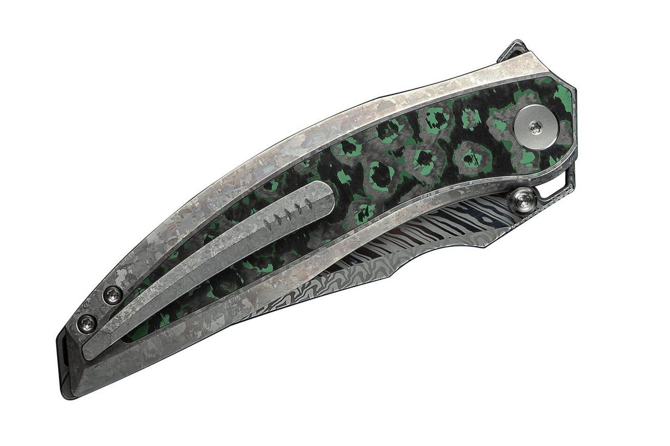 WE Knife Quinseris WE23093-DS1 Fafnir Damasteel, Crystalized Silver Titanium Jungle Wear Fat Carbon Inlay, zakmes