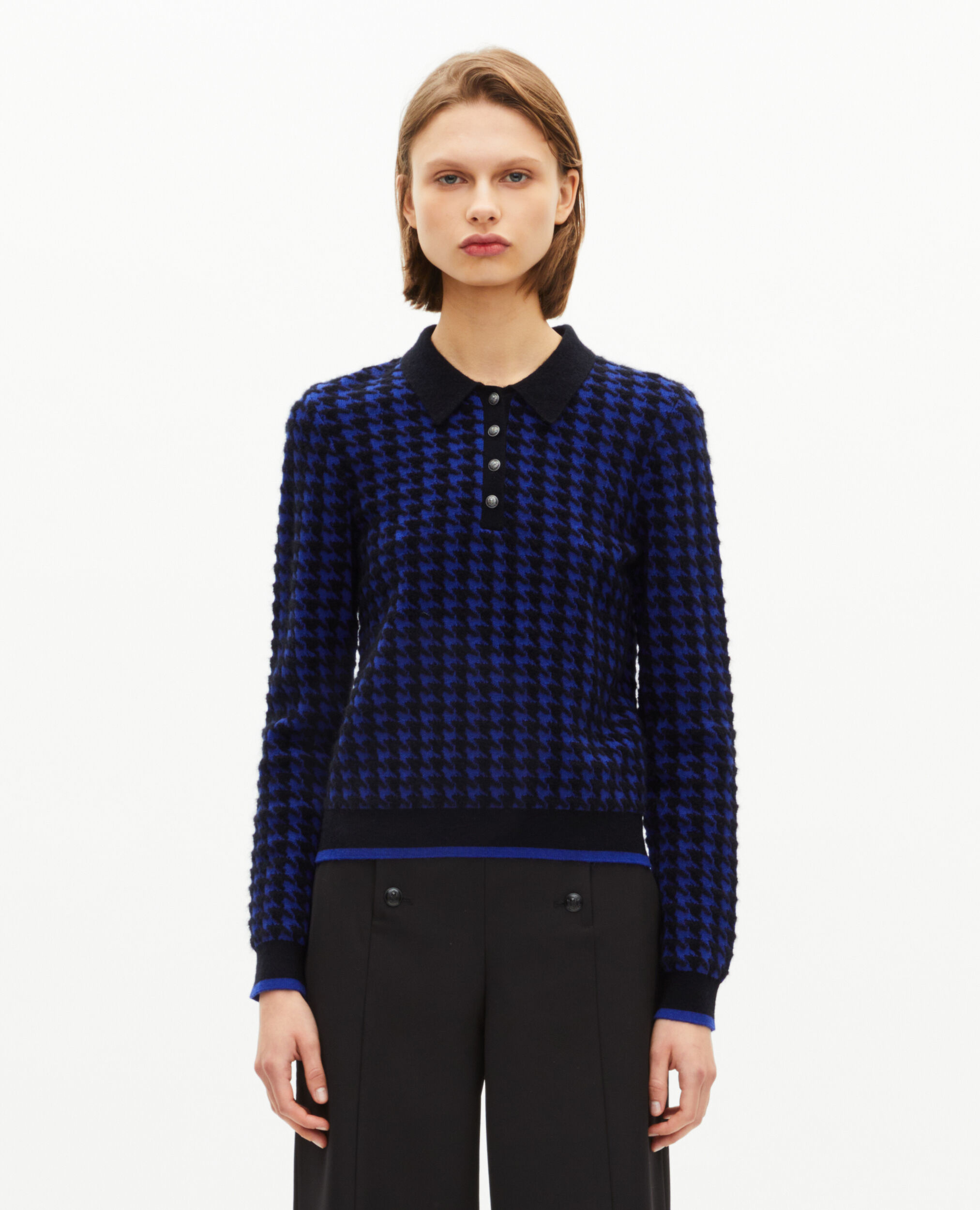 Pull col polo en pied de poule en laine mélangée bleu