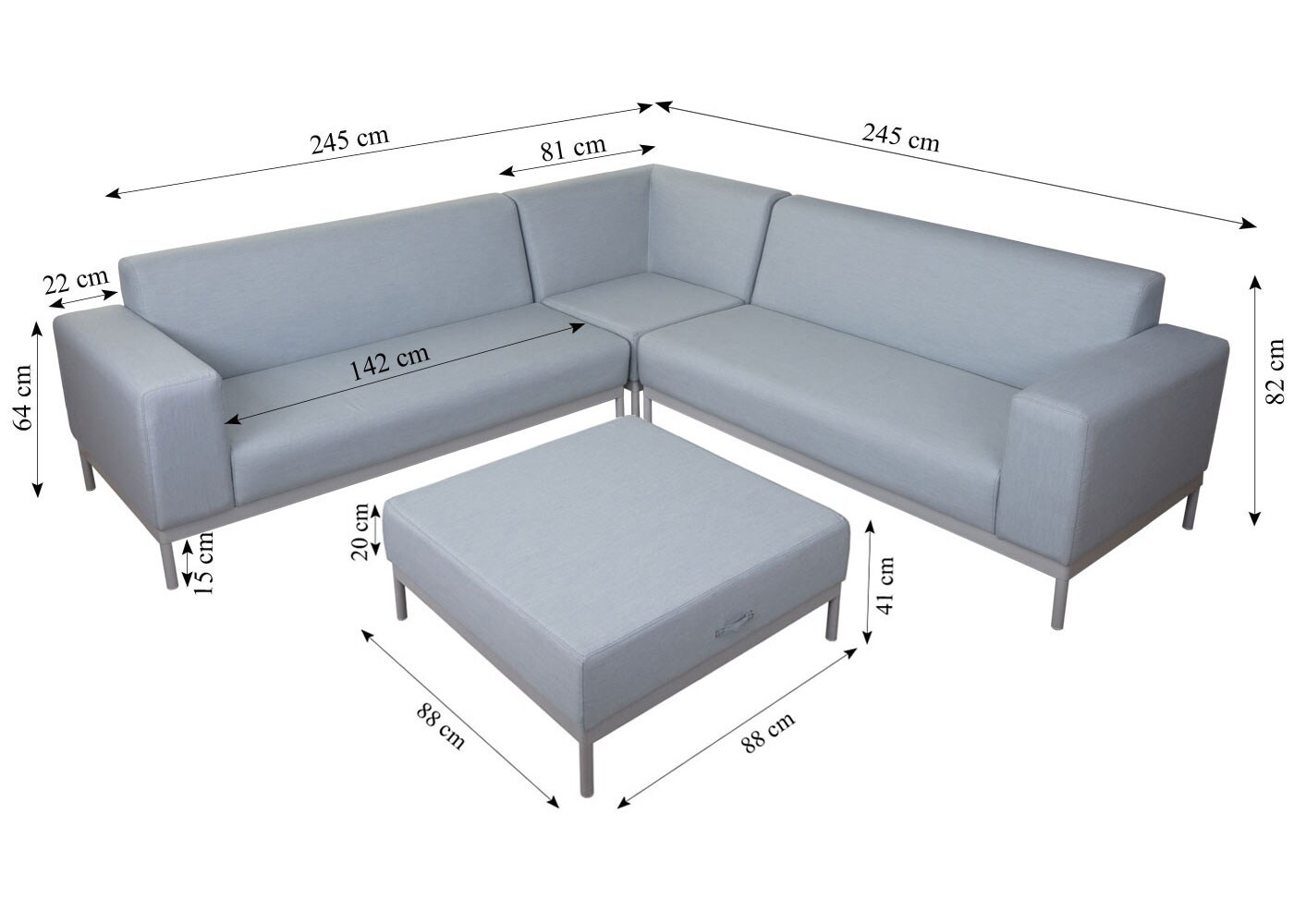 Alu-Garten-Garnitur MCW-C47, Sofa, Outdoor Stoff/Textil ~ blau mit Ablage, Kissen braun