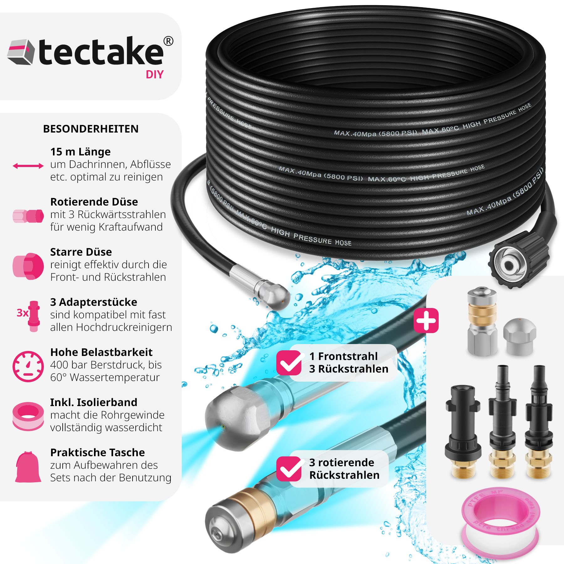 tectake® Rohrreinigungsschlauch-Set, 8-teilig, in 2 Größen, 3 Adapterstücke, inkl. Aufbewahrungsbeutel