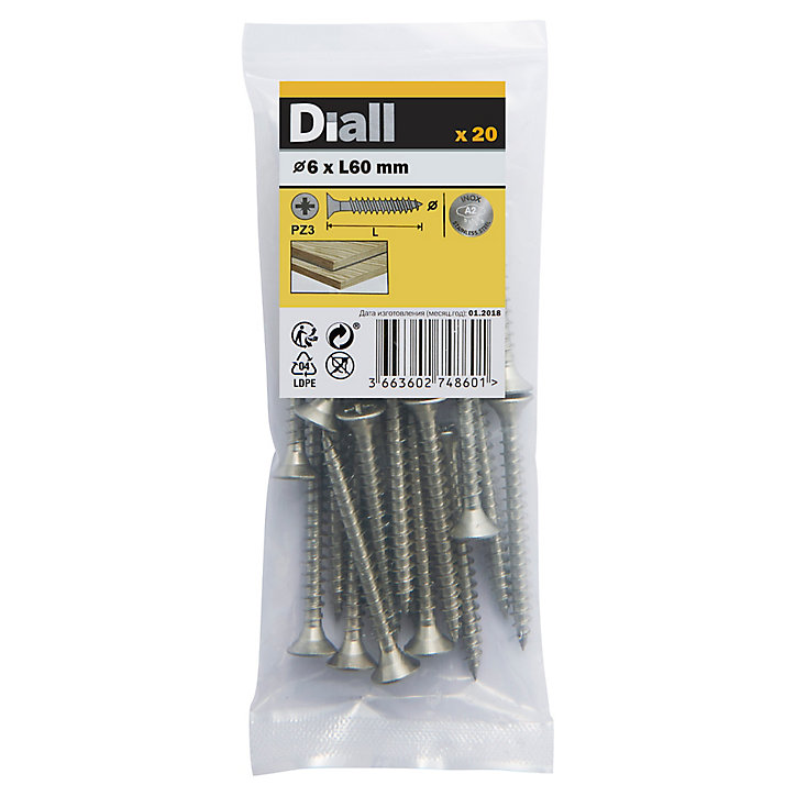 Vis à bois en acier inoxydable A2 pozidriv 6x60 mm - 20 pièces