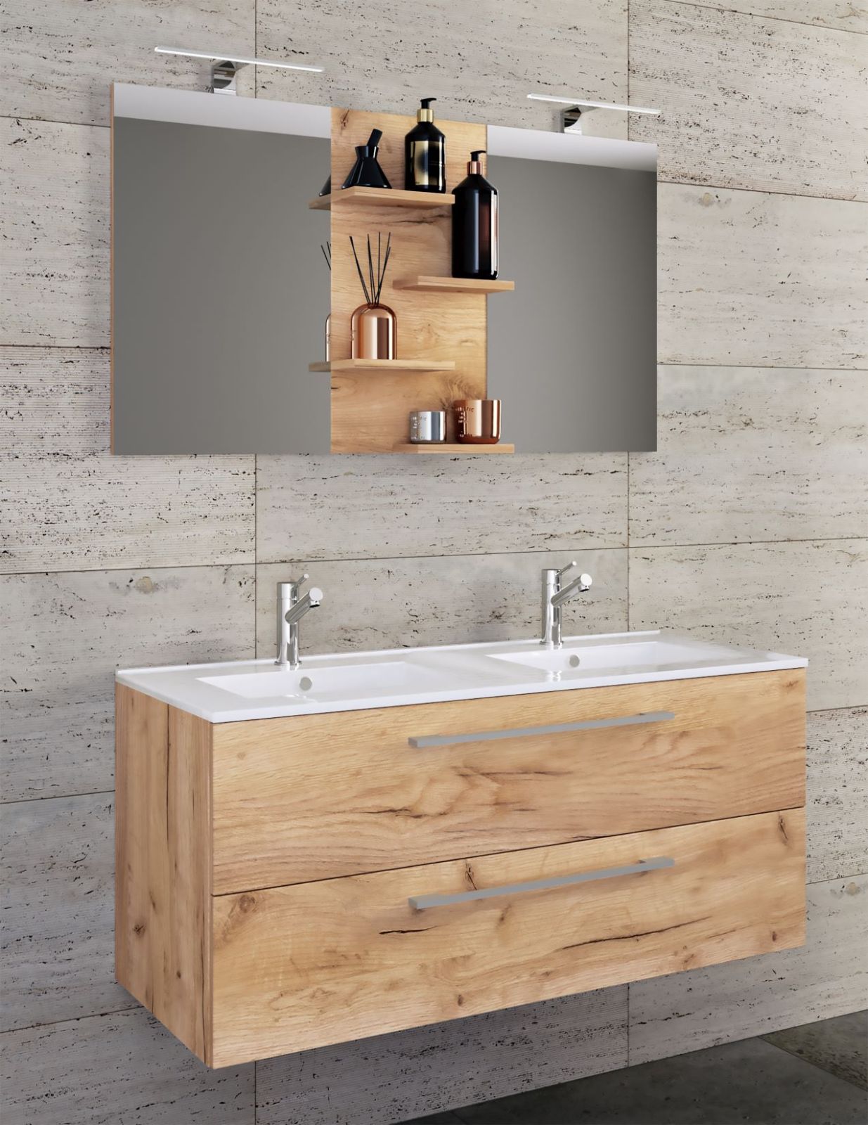 3-teiliges Badmöbel-Set BUDASI - Honig-Eiche - 112 cm breit