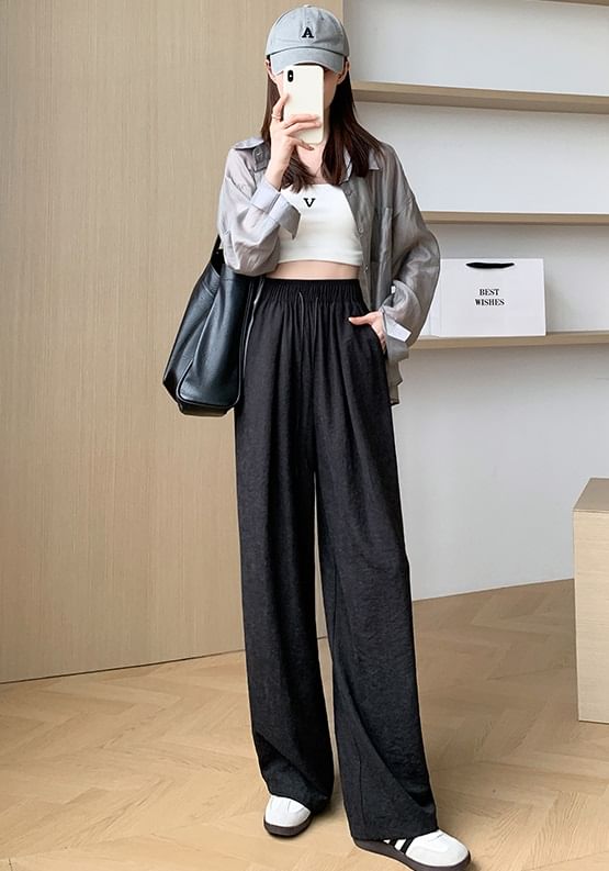 evanesce - High Rise Plain Drawstring Wide Leg Sweatpants