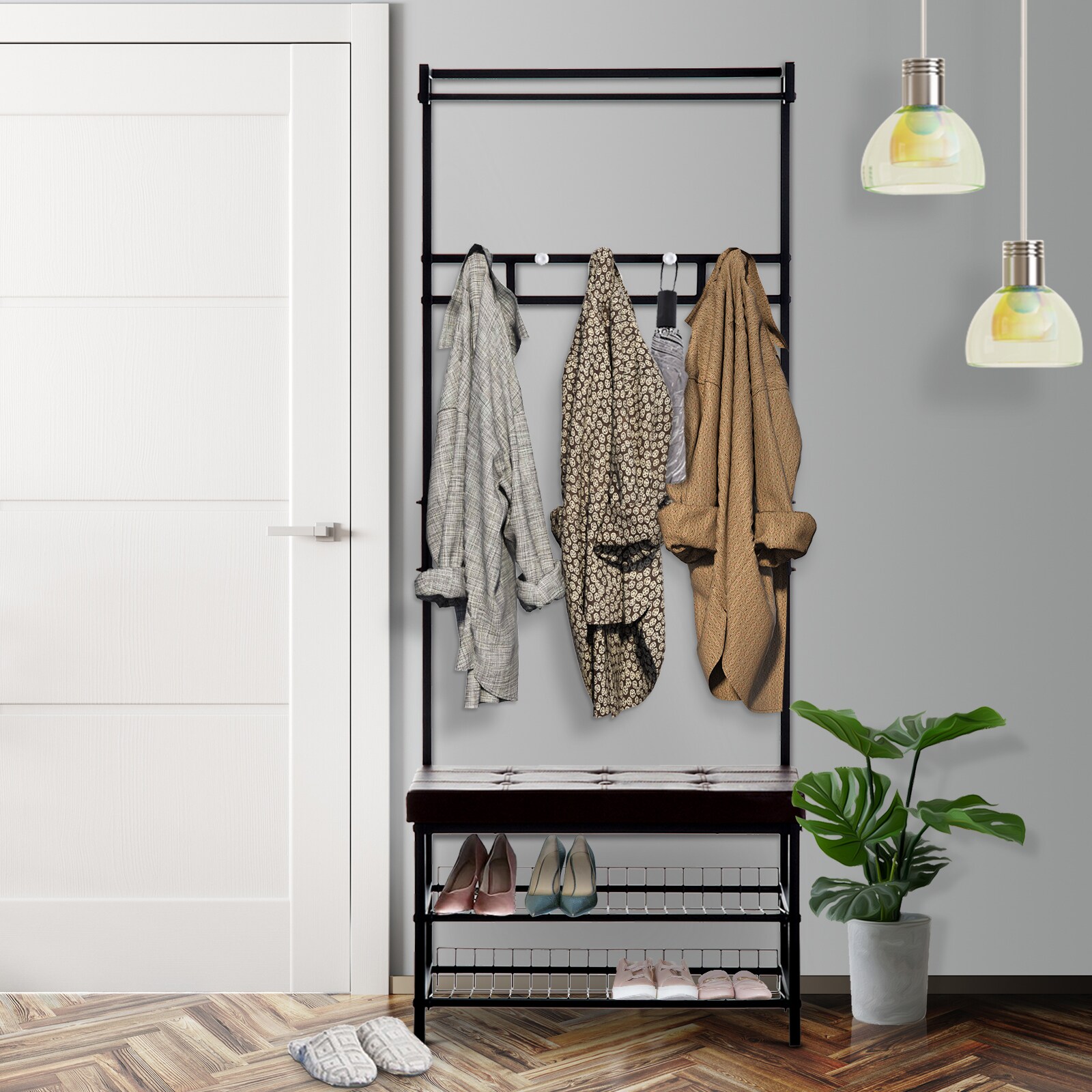 HOMCOM Garderobenbank mit 2 Schuhablagen schwarz, braun 72,5 x 35 x 180 cm (BxTxH)