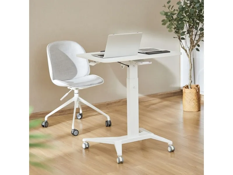 Maclean MC-453 W Mobile Laptop Desk with Pneumatic Height Adjustment, Laptop Table with Wheels, 80 x 52 cm, Max. 8 kg, Height Adjustable Max. 109 cm (White)