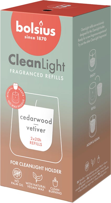 Bolsius geurkaars CleanLight navulling Cedarwood & Vetiver 20 uur D 5,5 H 11,6 cm 2 stuks