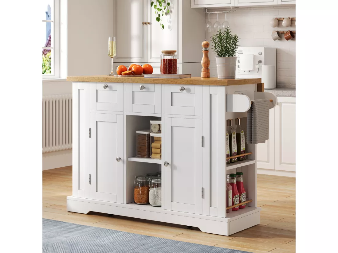 Ilot central de cuisine mobile avec 3 tiroirs, 2 portes et étagères - plateau extensible - 132 x 40/70 x 87 cm - Bois MDF - Blanc + naturel