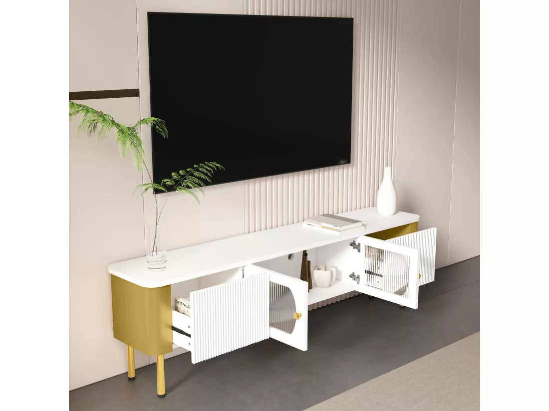 Meuble TV avec 2 portes et 2 tiroirs - 170 x 34 x 50 cm - Bois MDF - poignées et pieds dorés - Blanc