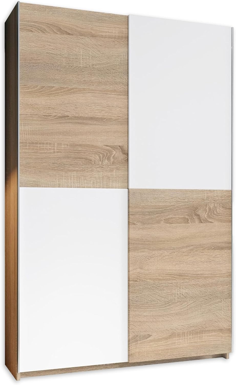 Stella Trading ALADIN Schwebetürenschrank, Eiche Sonoma Optik / Weiß - Moderner Mehrzweckschrank Garderobenschrank mit viel Stauraum - 125 x 195 x 38 cm (B/H/T)