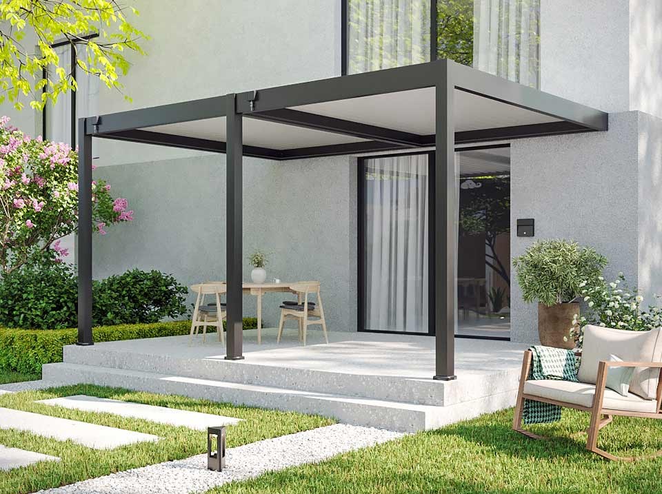 Pergola bioclimatique 3,6 x 5,3m - halo 19m² adossee - gris - aluminium - lames en acier galvanisé - lames orientables de 0 à 120°