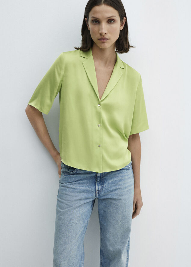 MANGO Short-sleeved satin shirt Green