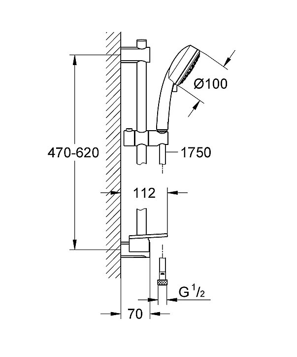 Kit de douche sans robinetterie avec douchette 3 jets + flexible + barre réglable Grohe Vitalio