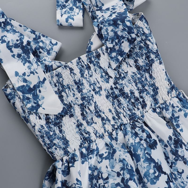 Leandrillo - Mouwloze mini-A-lijnjurk met strikbandjes en bloemenprint