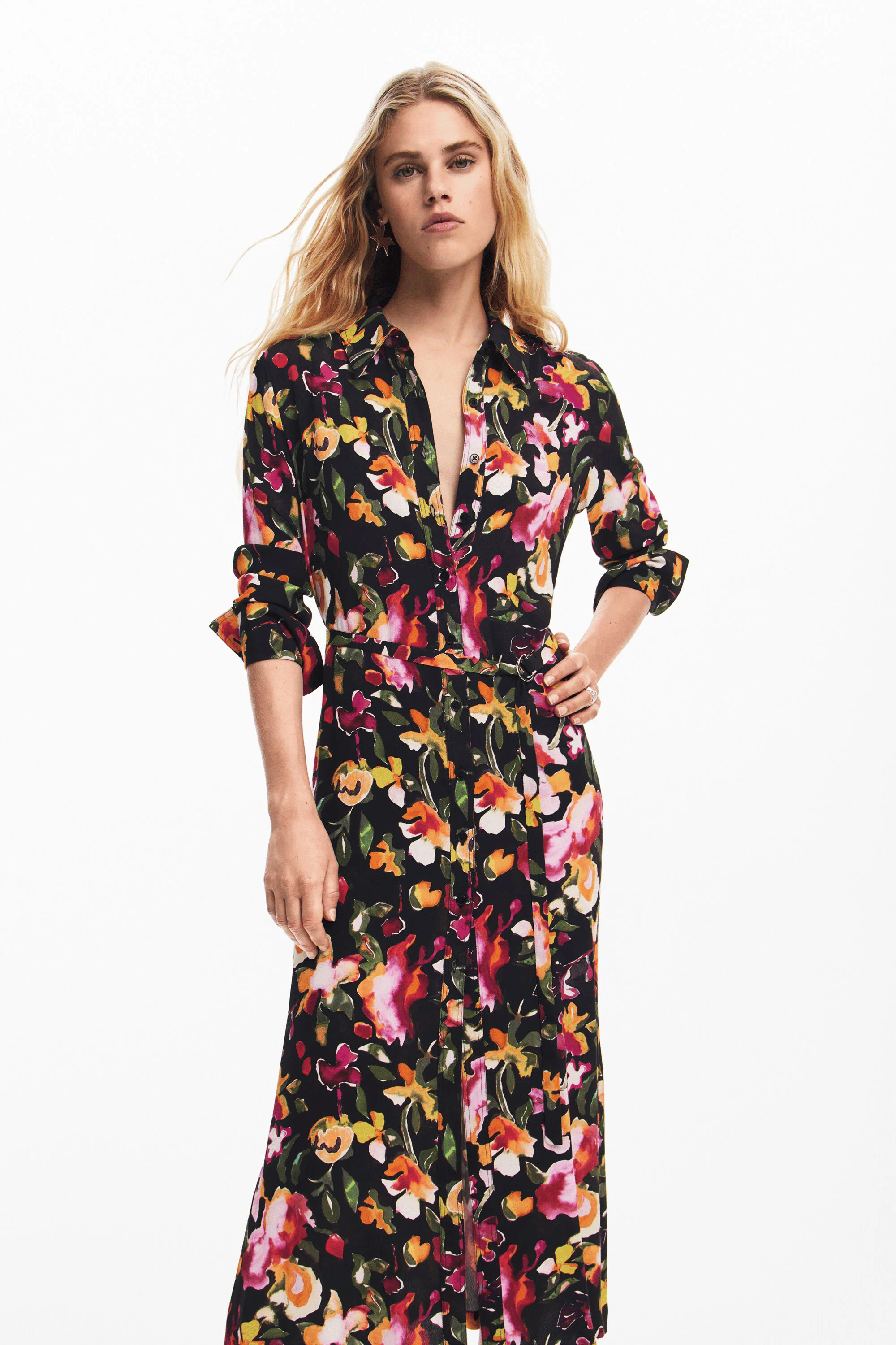 Robe chemise midi à fleurs | Rouge