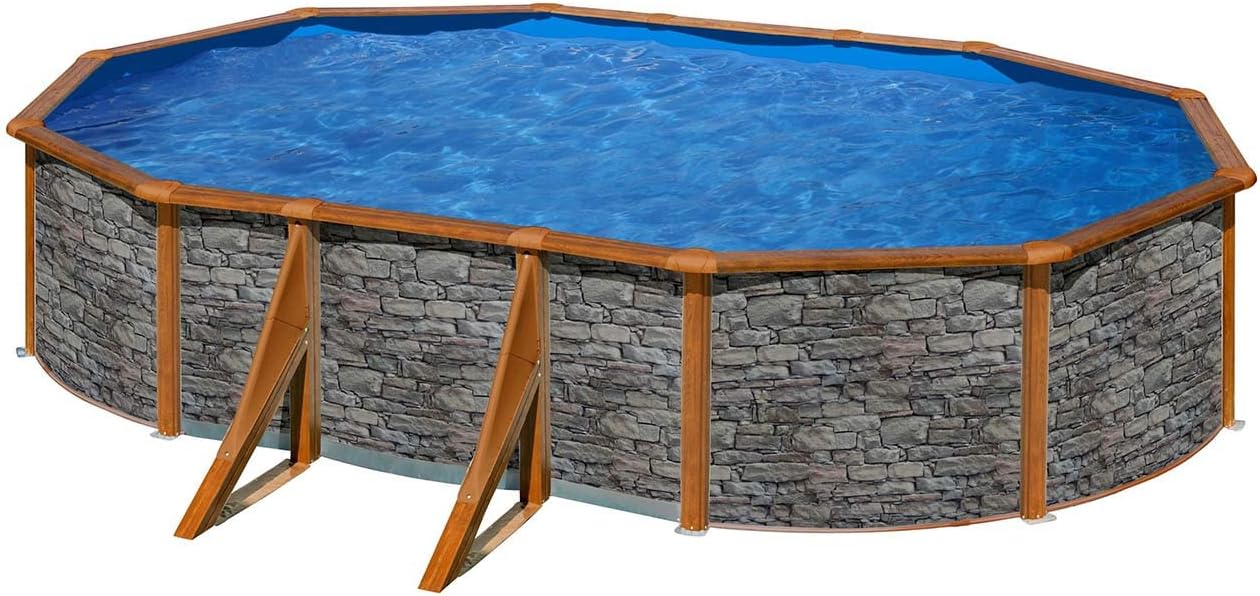 Paradies Pool® Gre Giant oval 375x610x120cm (Ø x H), Komplettset,Stahlwandbecken Stein/Holz, Poolplane in blau 0,4mm, Handlauf extra breit, inkl. Skimmer-Set und Leiter, Swimmingpool, Menge: 1 Stück