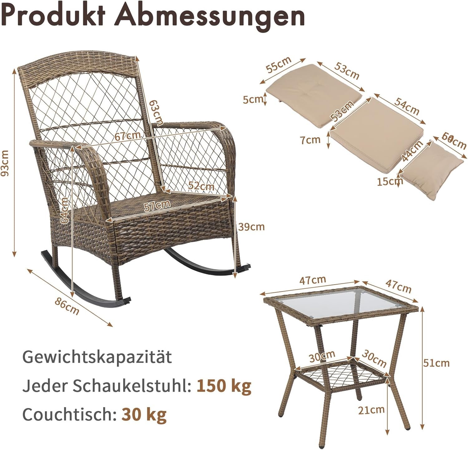 LEADZM Gartenmöbel Set für 2 Personen，Polyrattan Balkonmöbel 3-teiliges Set, Wetterfest, Komfortabel & Lässig, 2 Schaukelstühle & Tisch, für Garten, Balkon, Terrasse,Beige