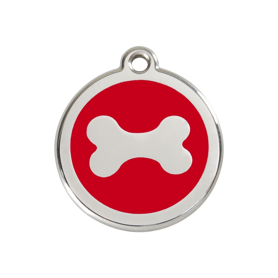 Placa de identificação para cães em aço inoxidável esmaltado com formato de osso vermelho