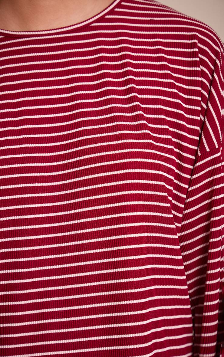 Rouge Bordeaux Haut À Manches Longues Oversize Décontracté À Rayures Côtelées
