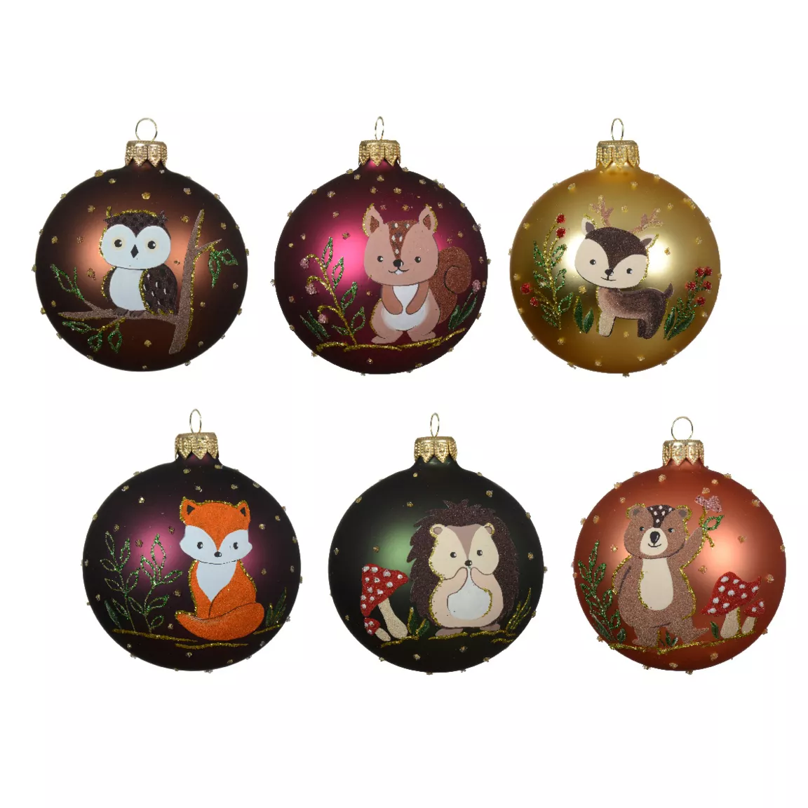 Lot de 6 boules de Noël en verre (D80 mm) Animaux de la forêt Multicolore