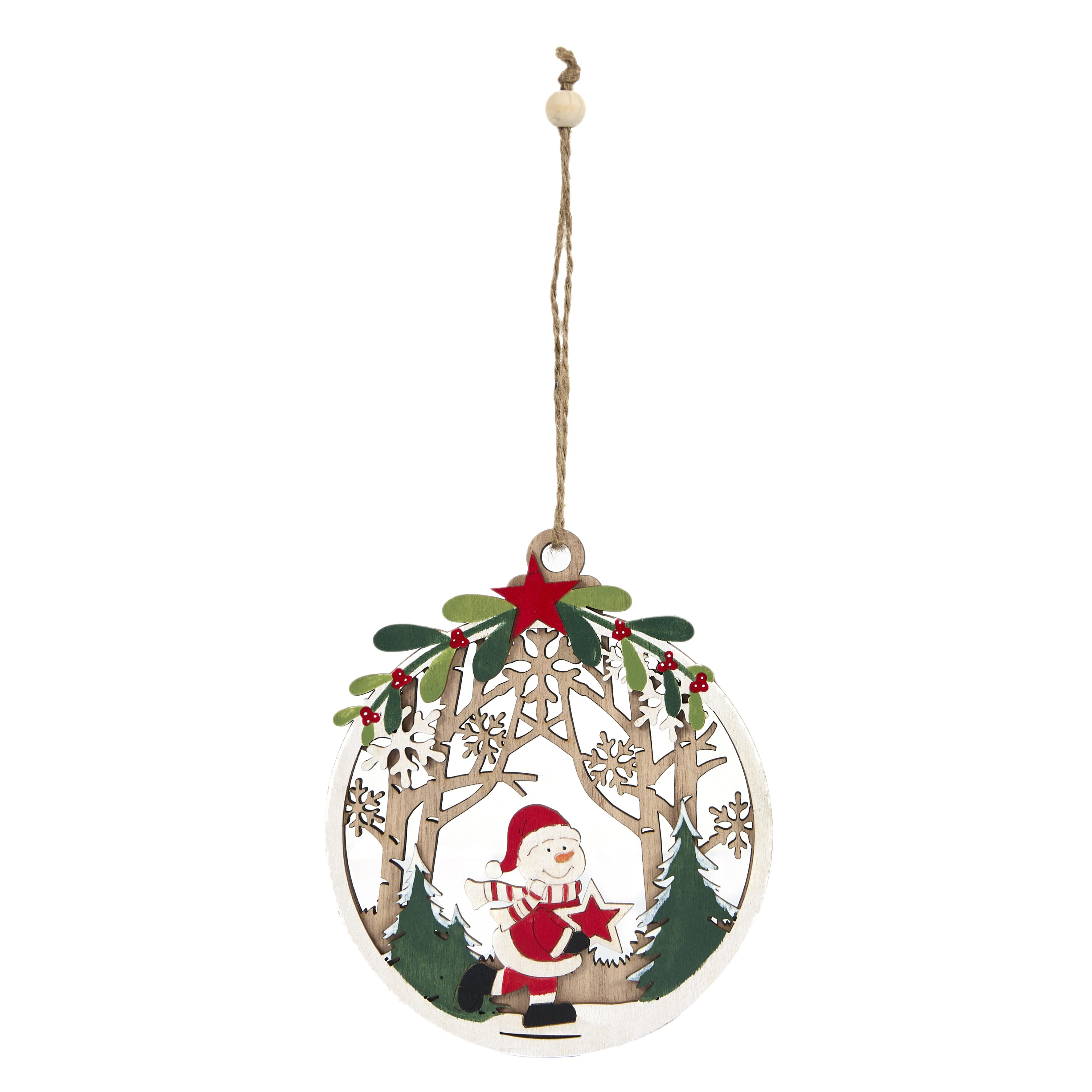 SUSPENSION BOIS AJOURE BONHOMME NEIGE ROUGE VERT D.11CM