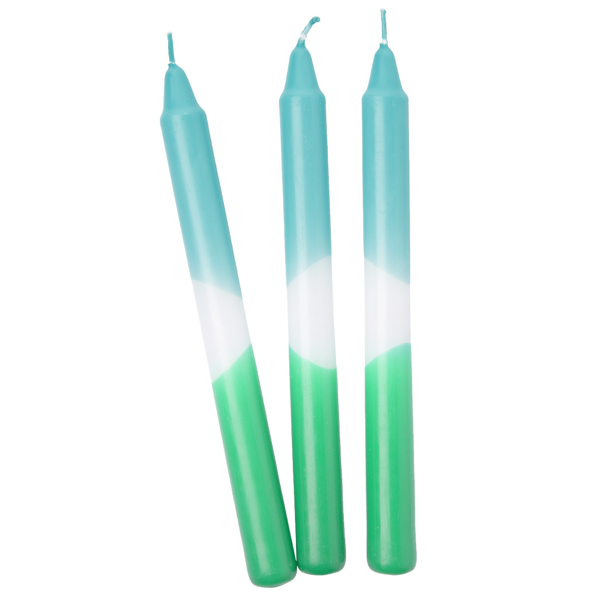 3 Stabkerzen mit  farbigem Muster grün / weiss / dunkelblau