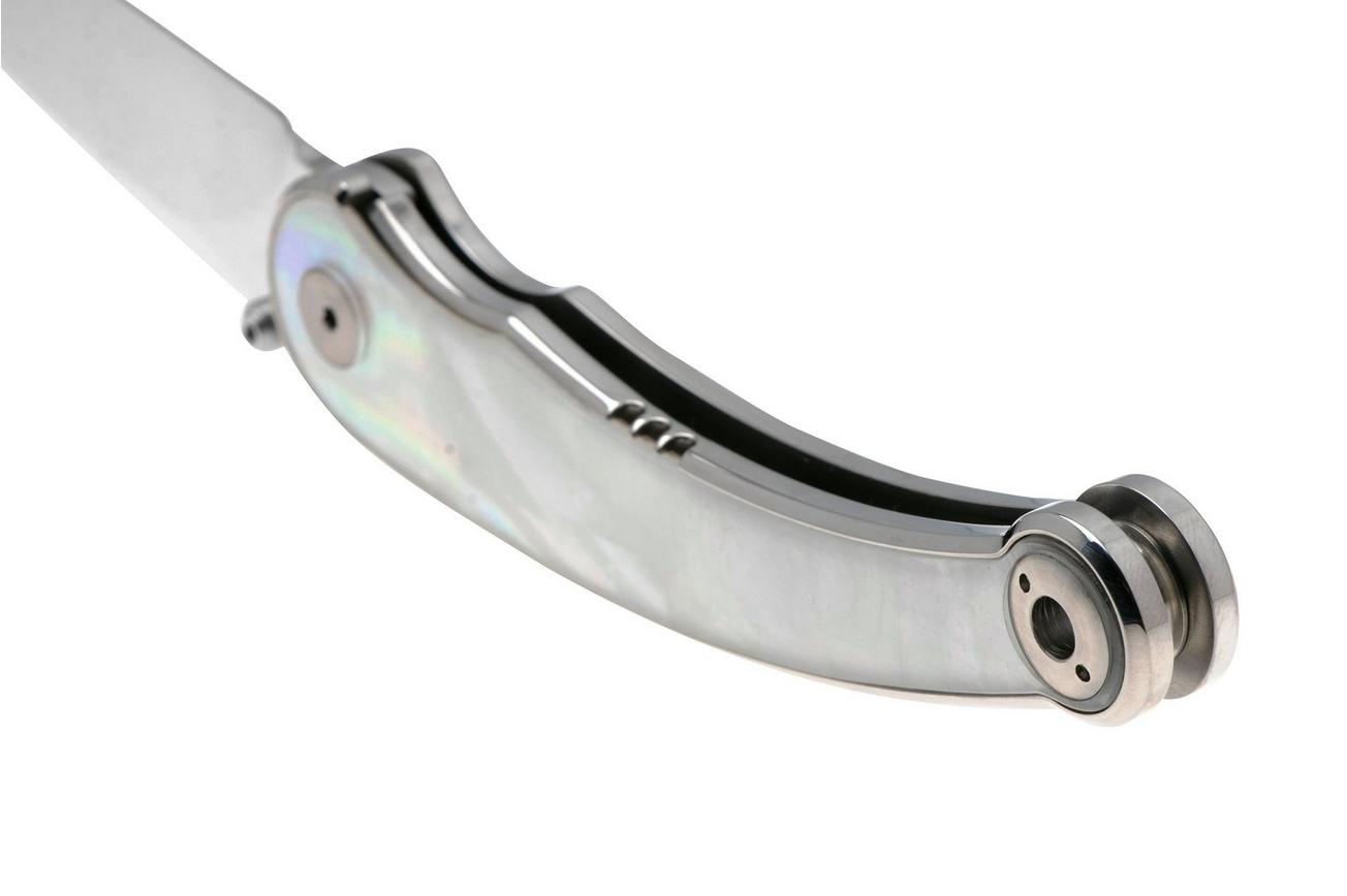 QSP Knife Dolphin 161-C Polished 14C28N, White Pearl Shell, zakmes