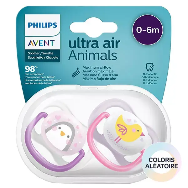 Chupeta Avent Ultra Air 0-6 meses, animais variados, pacote com 2 unidades.