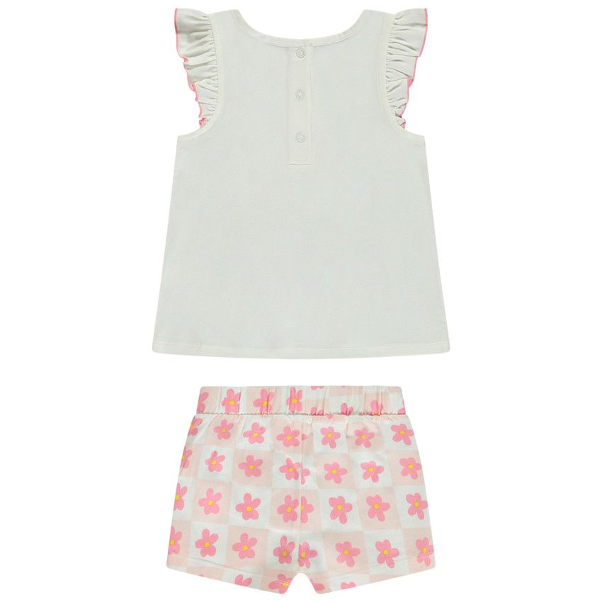 Ensemble 2 pièces imprimé damier et fleurs brodées pour bébé fille - Ecru