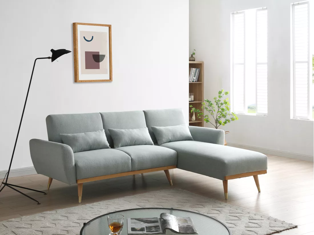 Canapé d'angle convertible réversible clic-clac en tissu vert de gris ANDINO
