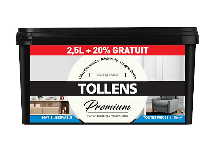 Peinture Tollens premium monocouche murs, plafonds et boiseries coton 2,5L +20% gratuit