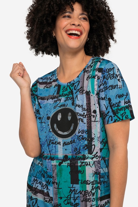 T-Shirt, oversized, Scribble-Muster, Smiley, Rundhals, Halbarm